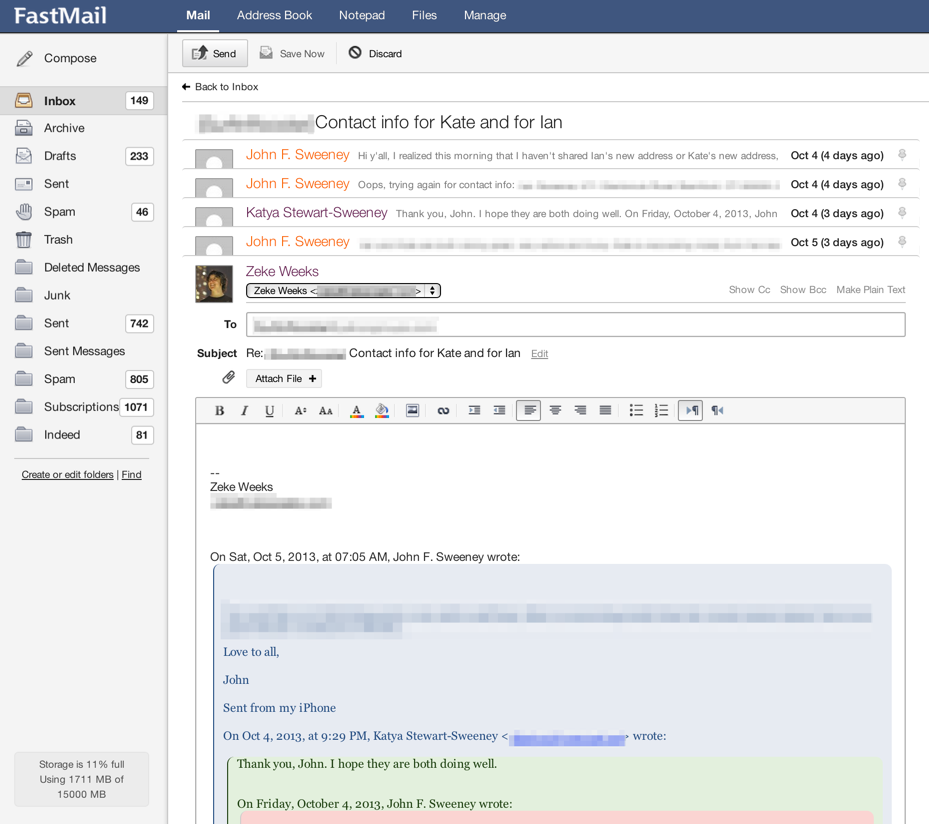 FastMail's interface for viewing conversation threads and replying inline