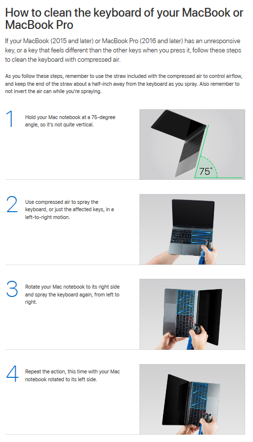 Screenshot from Apple's support article for cleaning a MacBook Pro keyboard, including diagrams for holding the MacBook at ridiculous angles with elaborate patterns for spraying compressed air under the keys.